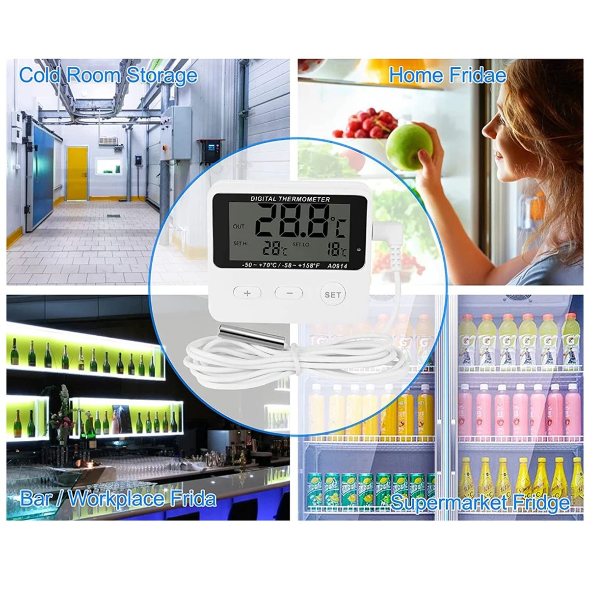 OEM - Termómetro Digital con Sonda y Alarma Refrigeración Cocina Invernadero
