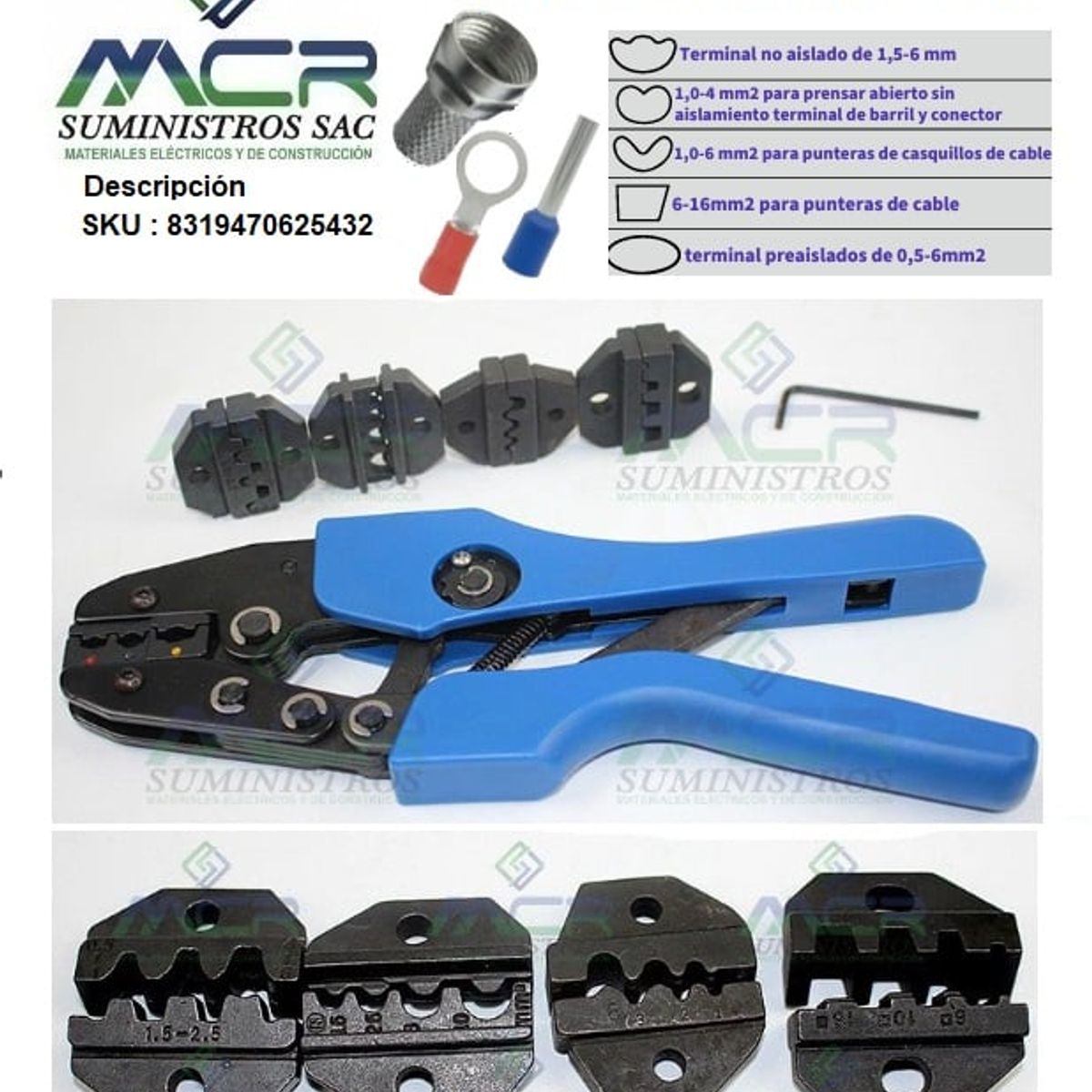 GENERICO - ALICATE PRENSA TERMINAL CAMBIABLE CON 5 CAMBIOS HASTA 16MM2 -6AWG