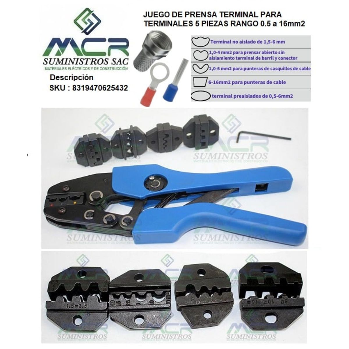 GENERICO - ALICATE PRENSA TERMINAL CAMBIABLE CON 5 CAMBIOS HASTA 16MM2 -6AWG