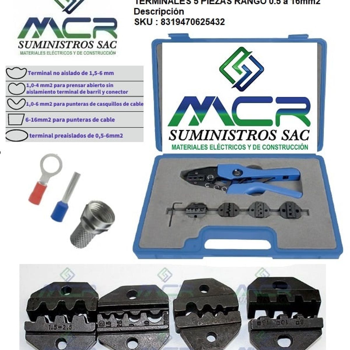 GENERICO - ALICATE PRENSA TERMINAL CAMBIABLE CON 5 CAMBIOS HASTA 16MM2 -6AWG