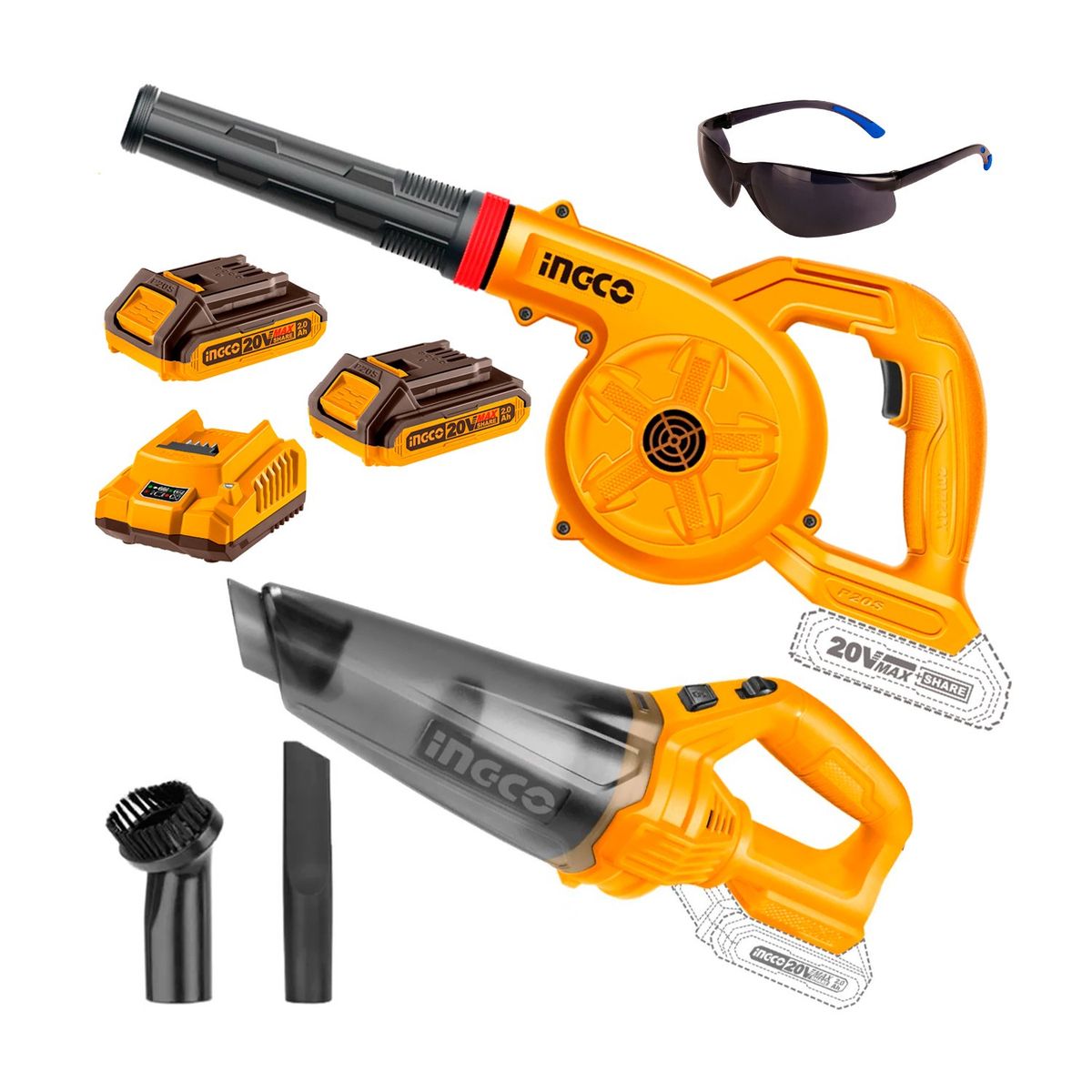 INGCO TOOLS - SOPLADORA 20V + ASPIRADORA MANO 20V+ 2BAT HOGAR INGCO