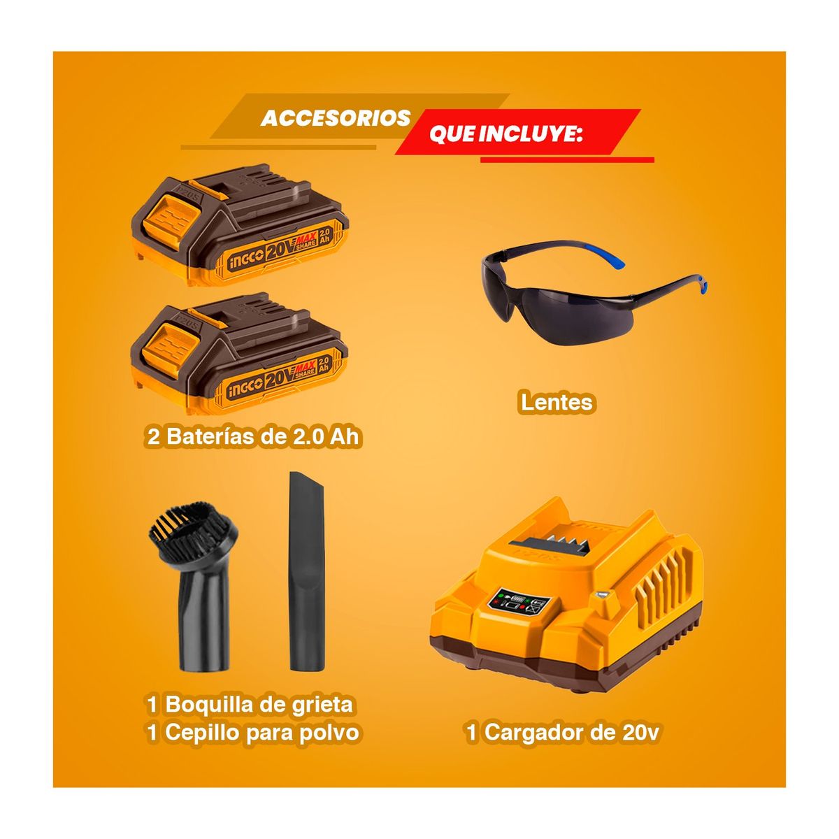 INGCO TOOLS - SOPLADORA 20V + ASPIRADORA MANO 20V+ 2BAT HOGAR INGCO