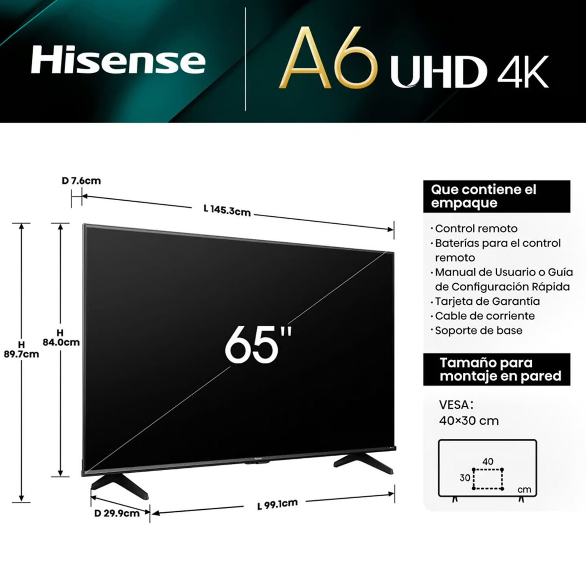 HISENSE - Televisor Hisense 65 Pulg. LED Smart VIDAA Tv UHD 4K 65A6N (2024)
