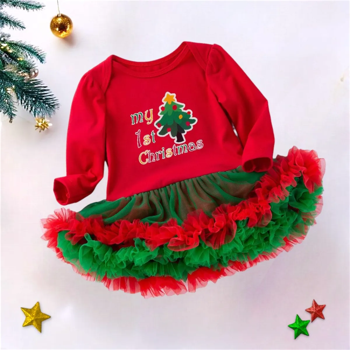 GENERICO - VESTIDO DE BEBÉ MODELO NAVIDEÑO - 4 PIEZAS