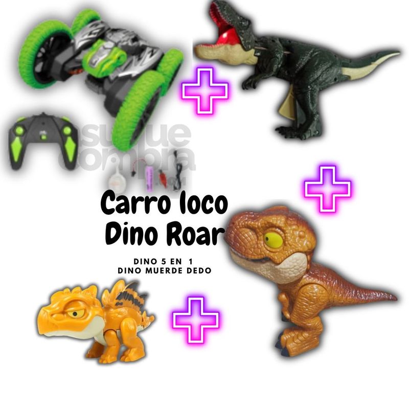 GENERICO - Carro a Control Verde + dino roar + dino 5 en 1 + mordelon
