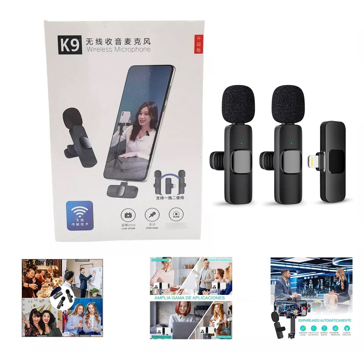 GENERICO - Micrófono Inalámbrico Solapero Doble Recargable Tipo Lightning  K9