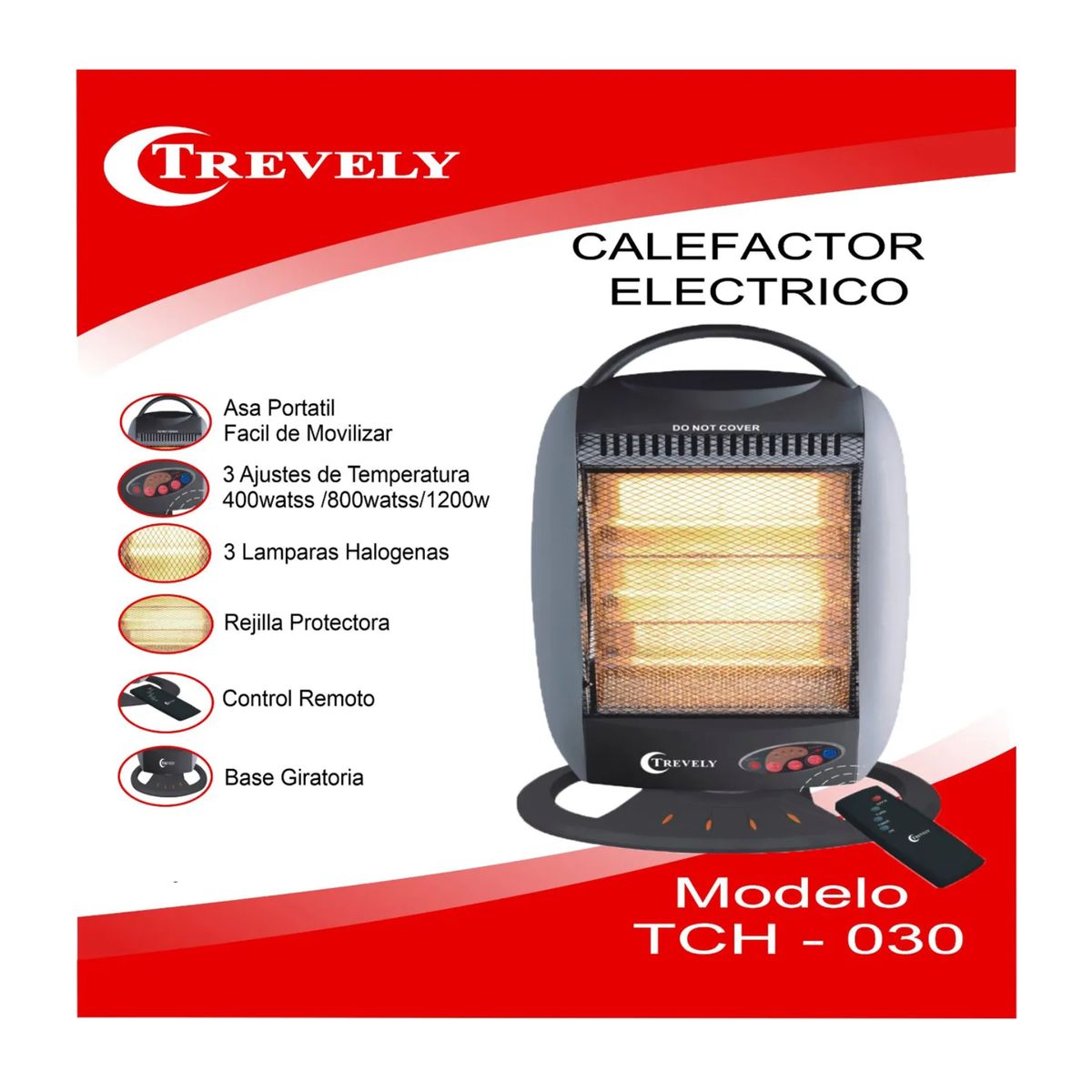 TREVELY - Calefactor Eléctrico Halógeno Control TCH-030 Con control remoto