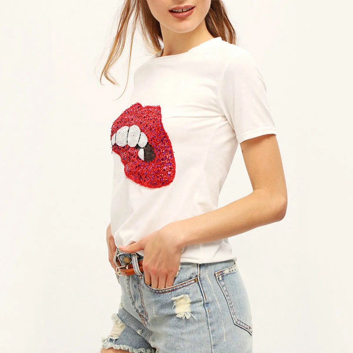 ZIMRAHYG - Camiseta Con Lentejuelas De Manga Corta De Moda Mujer