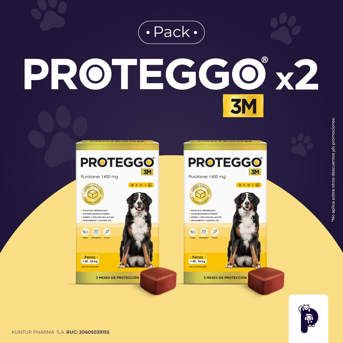 PROTEGGO - ANTIPULGAS PARA PERROS PROTEGGO 3M DE >40 – 56 kg - PACK X 2