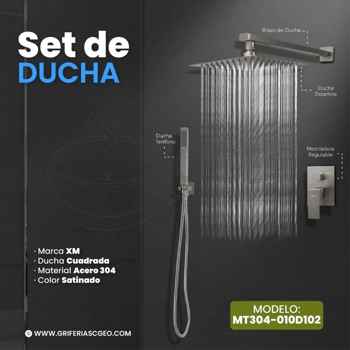 XM - MEZCLADORA DE DUCHA Y TELEFONO CUADRADO SATINADO MT304-010D102