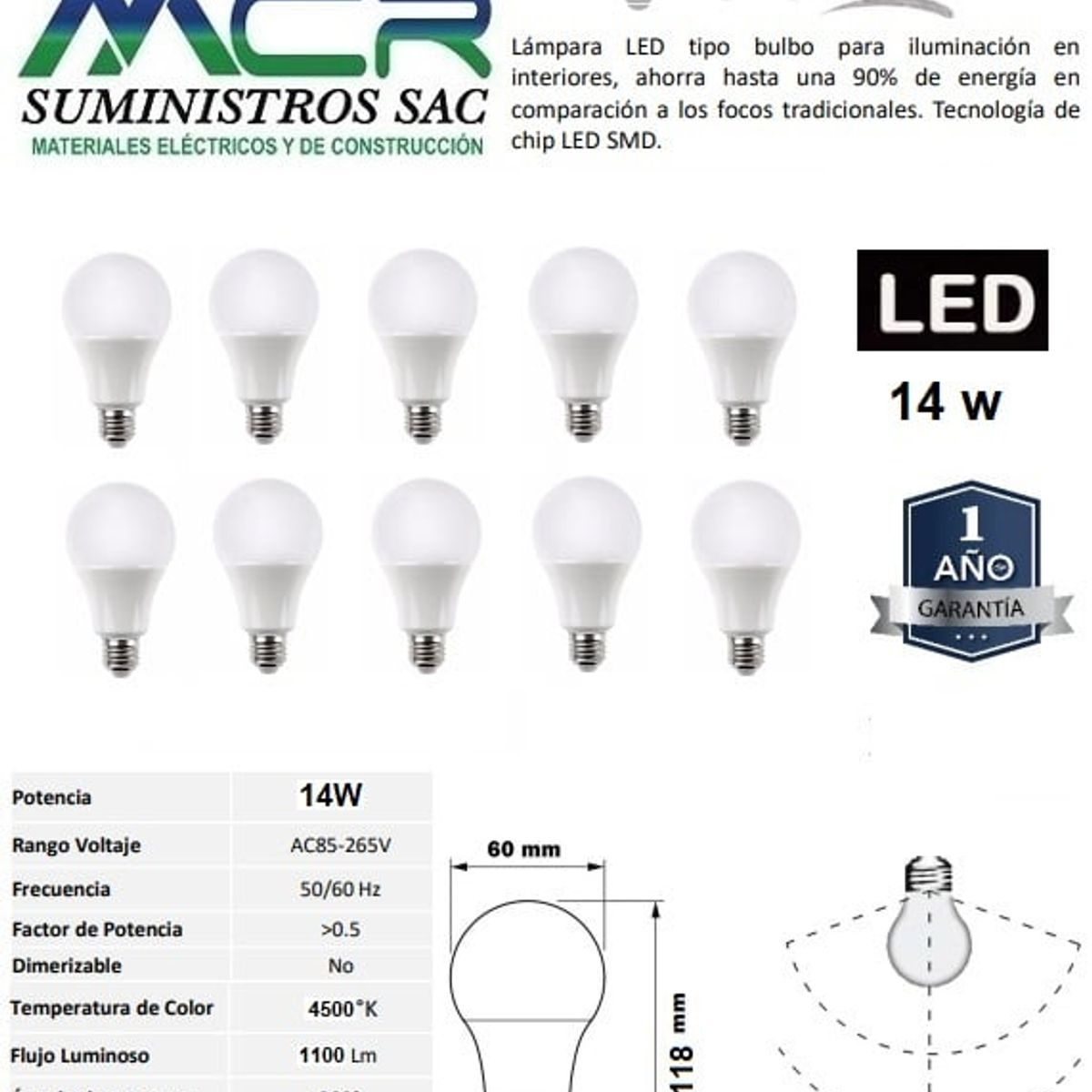 GENERICO - FOCO LED 14W E27 LUZ NEUTRO 4000K pack x 10 und