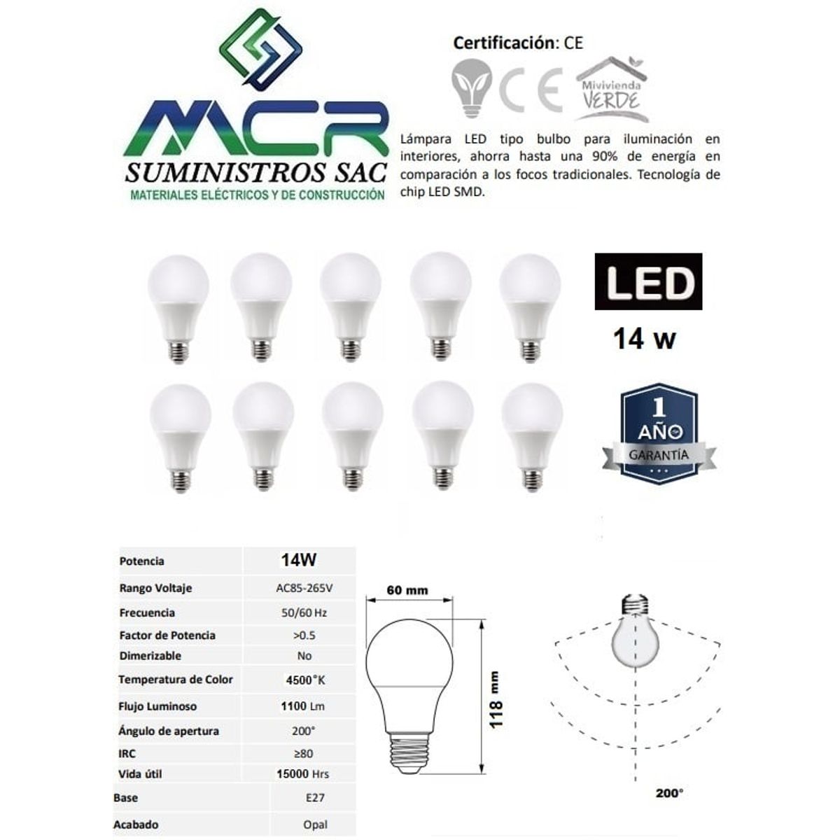 GENERICO - FOCO LED 14W E27 LUZ NEUTRO 4000K pack x 10 und
