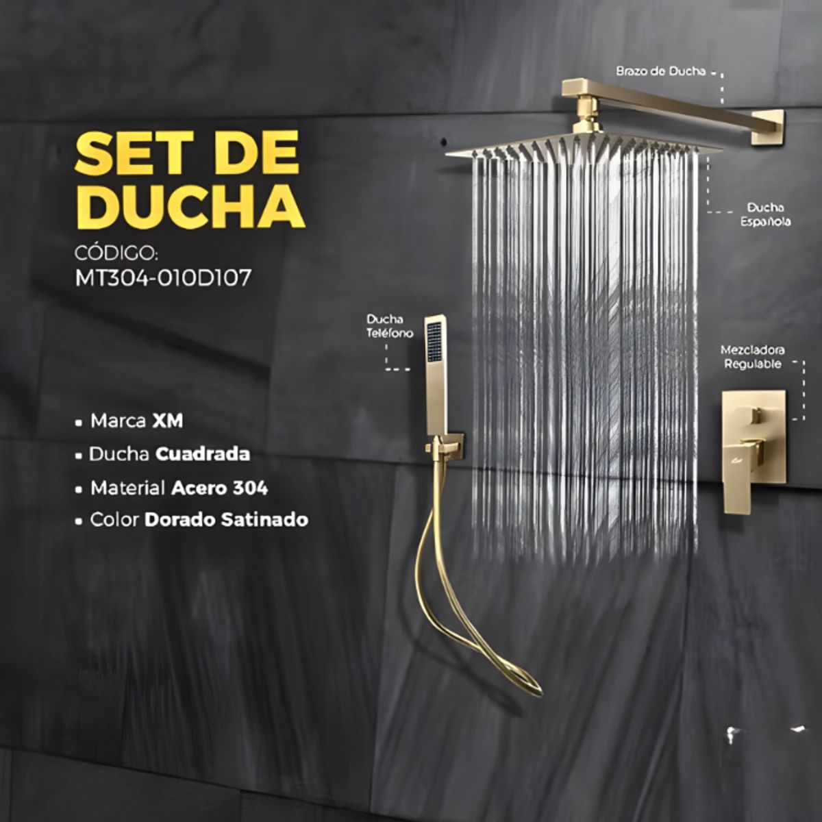 XM - MEZCLADORA DE DUCHA Y TELEFONO CUADRADO DORADO MT304-010D107