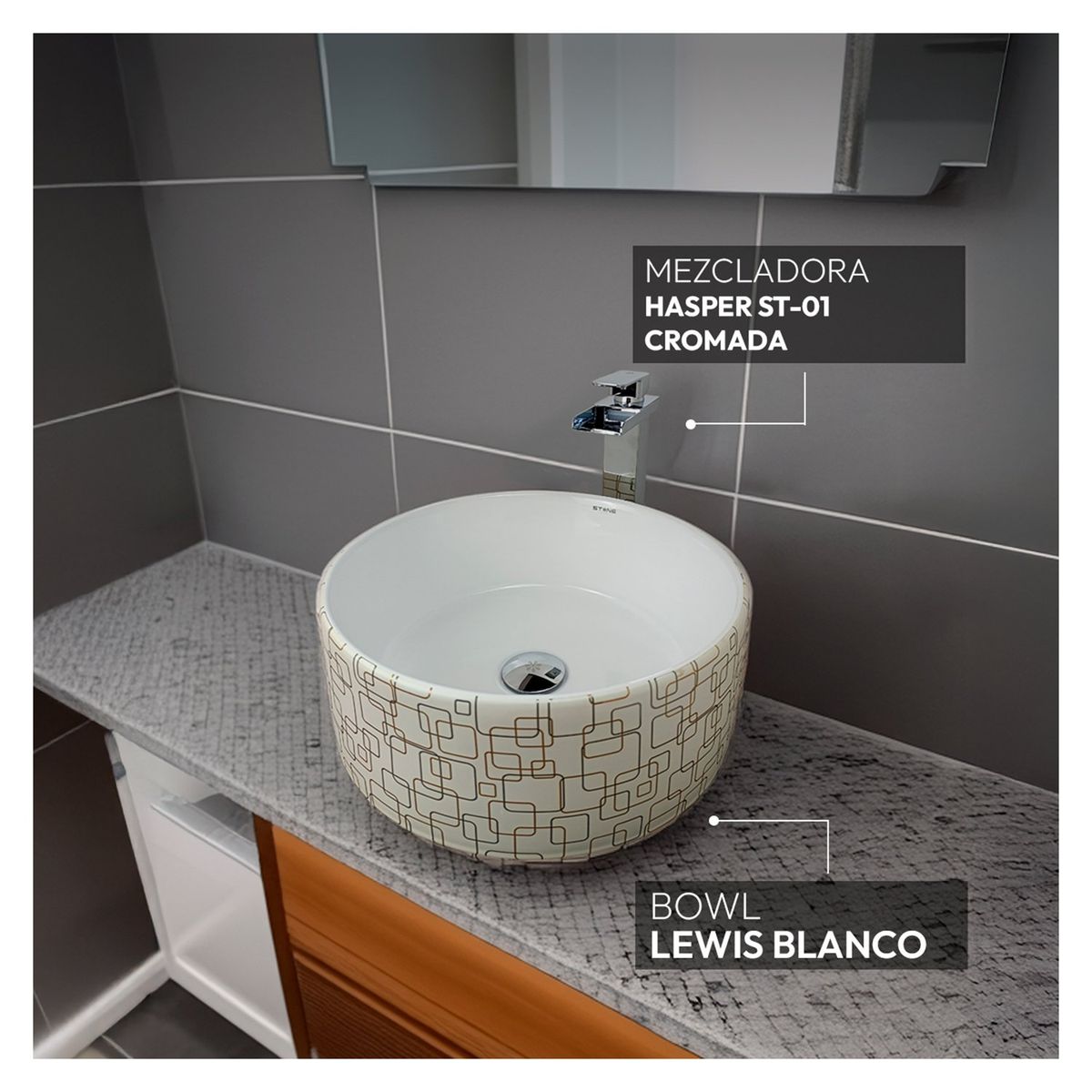 STONE - COMBO BOWL REDONDO LEWIS + HASPER ST-01  + DESAGÜE POP UP CROMADO