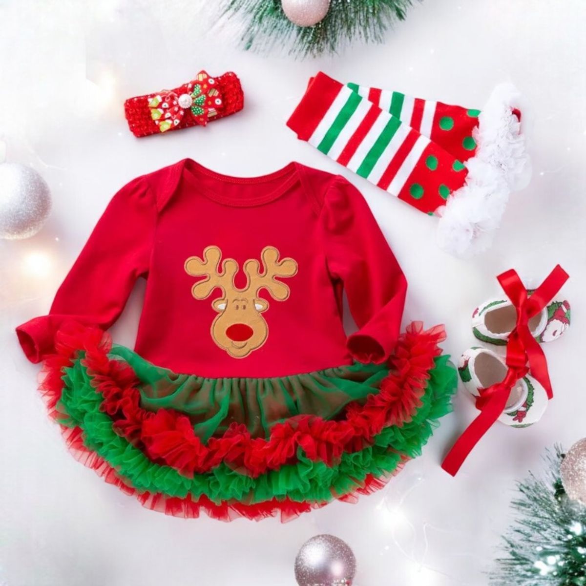 GENERICO - VESTIDO DE BEBÉ NAVIDAD - SET DE 4 PIEZAS