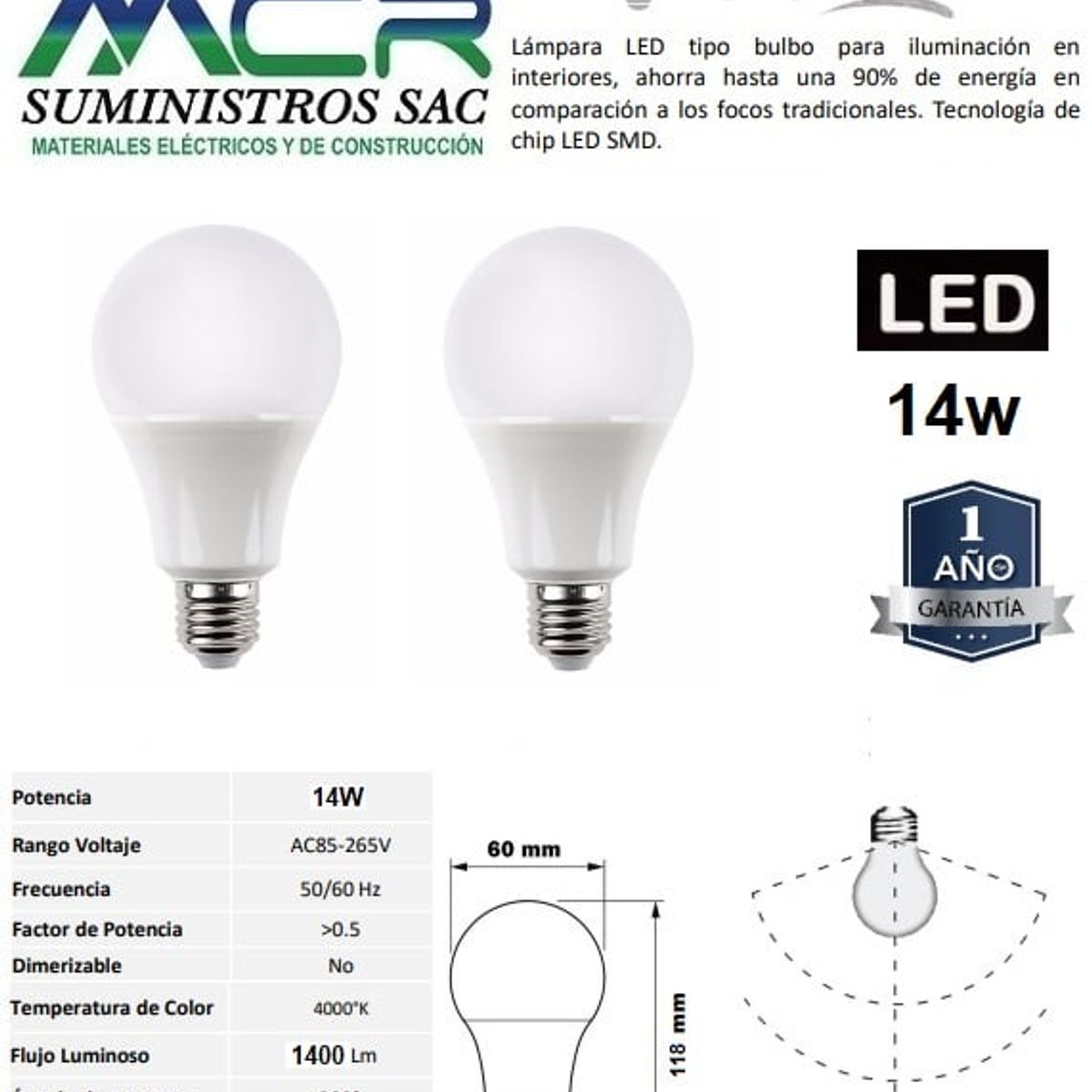 NACIONAL - FOCO LED 14W E27 LUZ BLANCO NEUTRO 4000K pack x 2 und