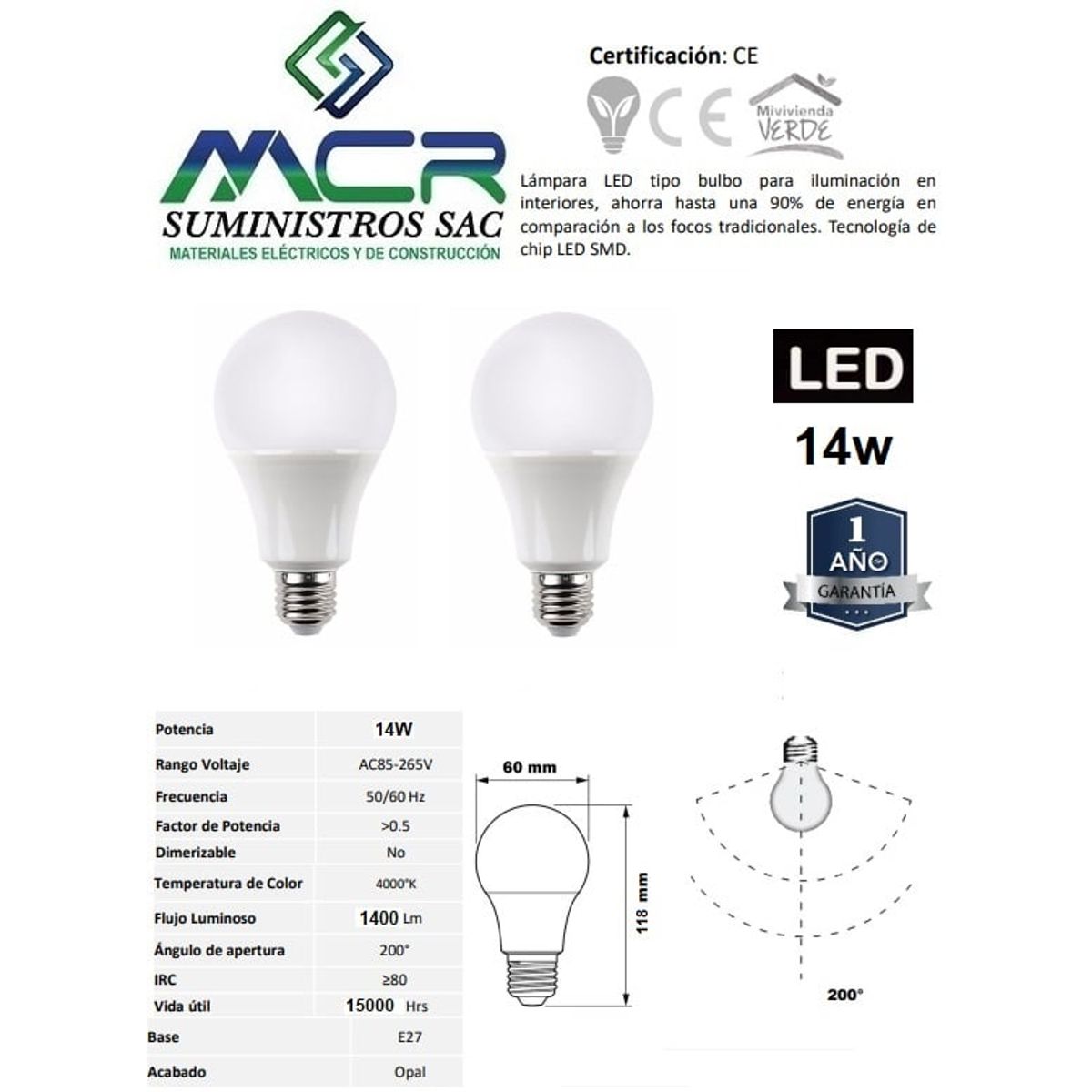 NACIONAL - FOCO LED 14W E27 LUZ BLANCO NEUTRO 4000K pack x 2 und