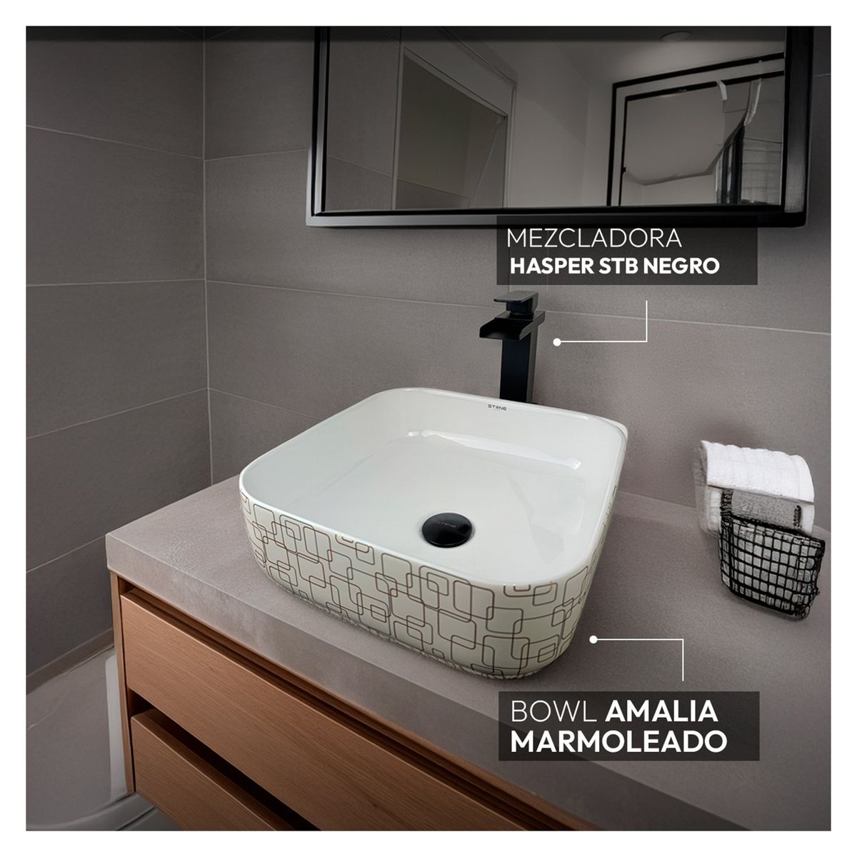 STONE - COMBO AMALIA MARMOLEADO + COMBO HASPER STB + DESAGÜE POP UP BLACK