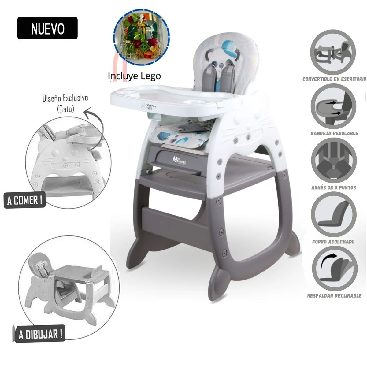 CONFORT - Silla de Comer 3 en 1 Panda + Juego de Lego
