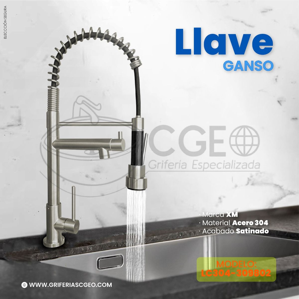 XM - LLAVE DE COCINA RESORTE ACERO SATINADO MUEBLE LC304-309802