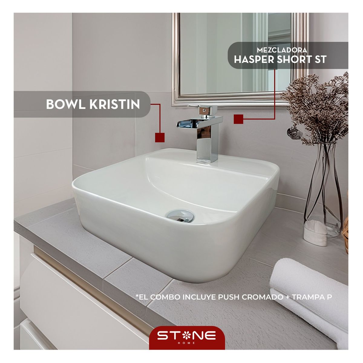 STONE - COMBO BOWL KRISTIN + HASPER SHORT ST + DESAGÜE POP UP CROMADO