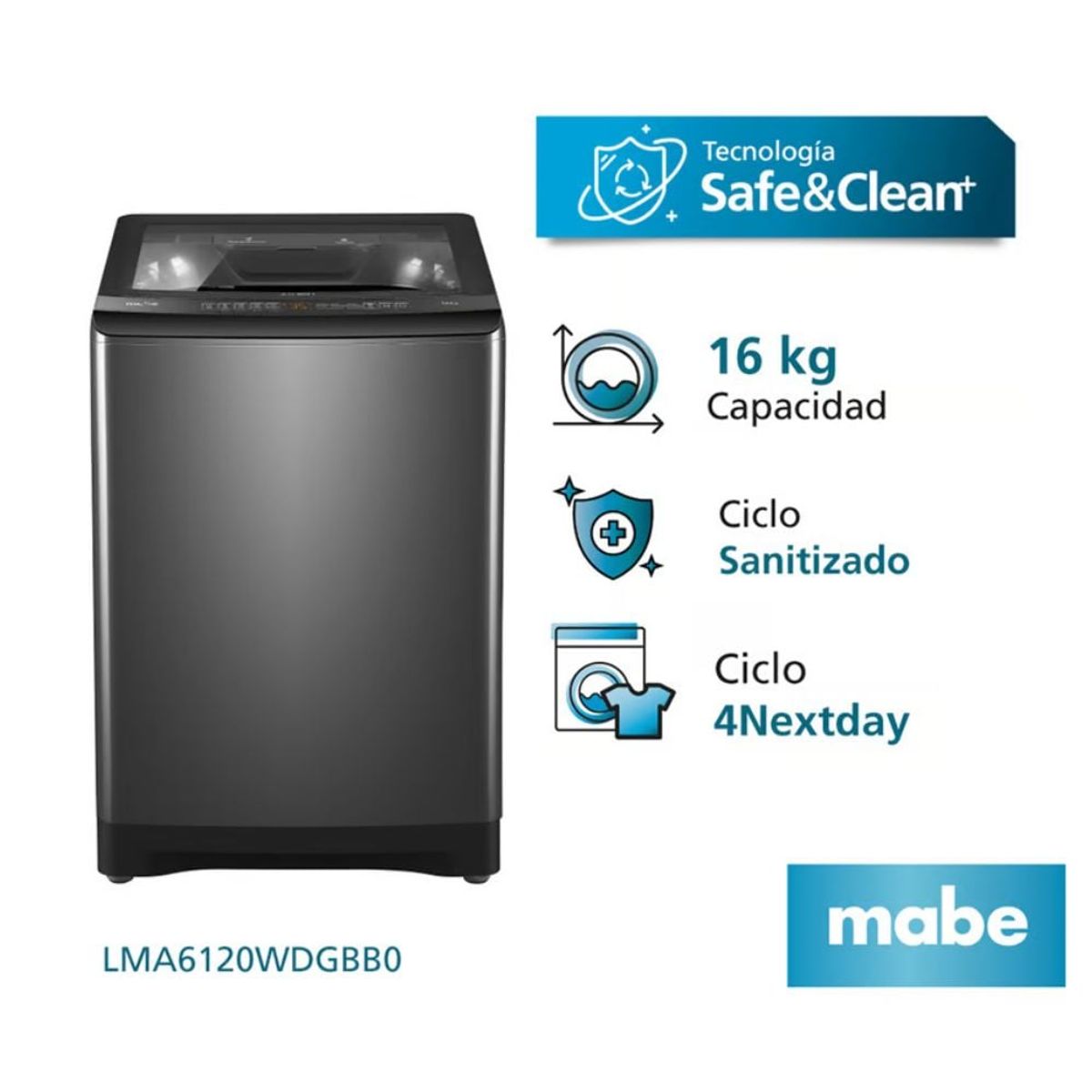 MABE - LAVADORA MABE 16 KG CARGA SUPERIOR AUTOMÁTICA SAFE&CLEAN LMA6120WDGBB0 DIAMOND GRAY.