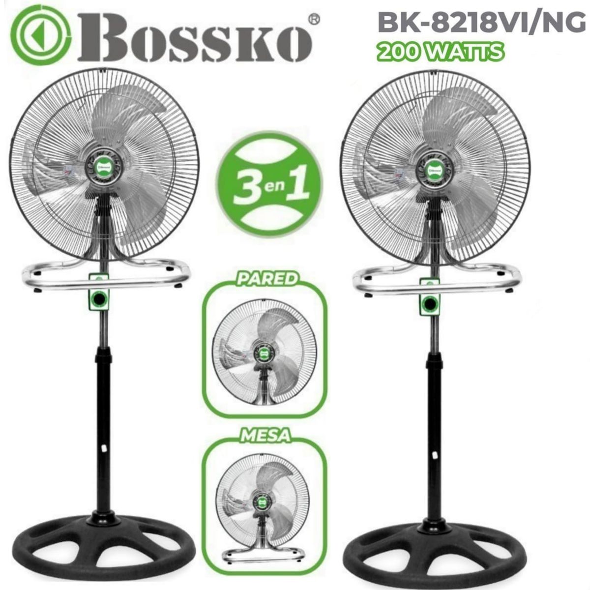 BOSSKO - PACK  Ventilador 3 en 1 Pedestal De 3ASPAS 200W BK-8218VI