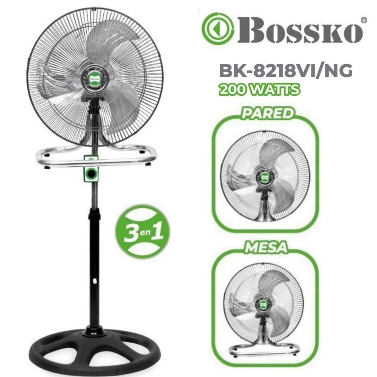 BOSSKO - Ventilador 3 en 1 Pedestal De 3 ASPAS 200W BK-8218VI