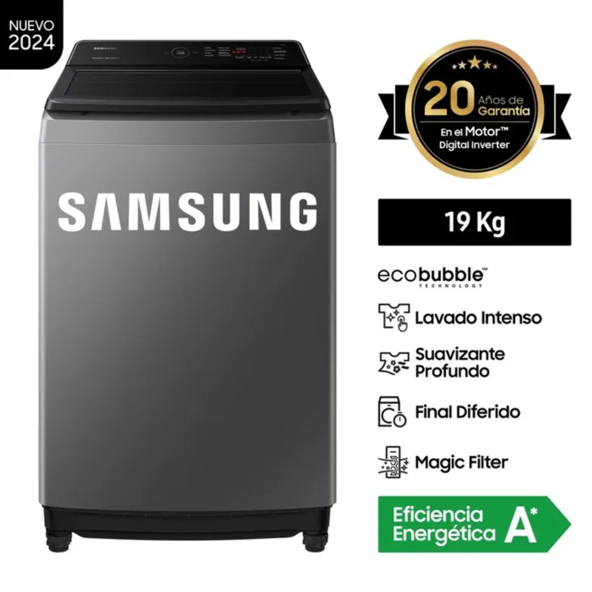 SAMSUNG - LAVADORA SAMSUNG ECOBUBBLE CARGA SUPERIOR 19KG WA19CG6441BDPE - GRIS