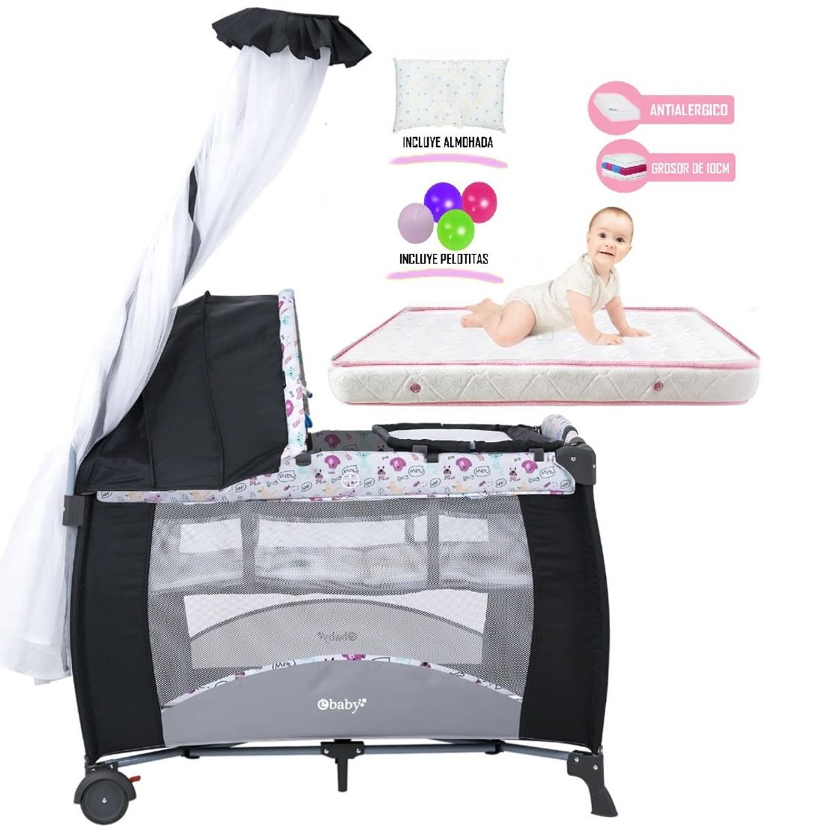 EBABY - Cuna Corral Mecedora Rosado 716b+ Colchón Rosa