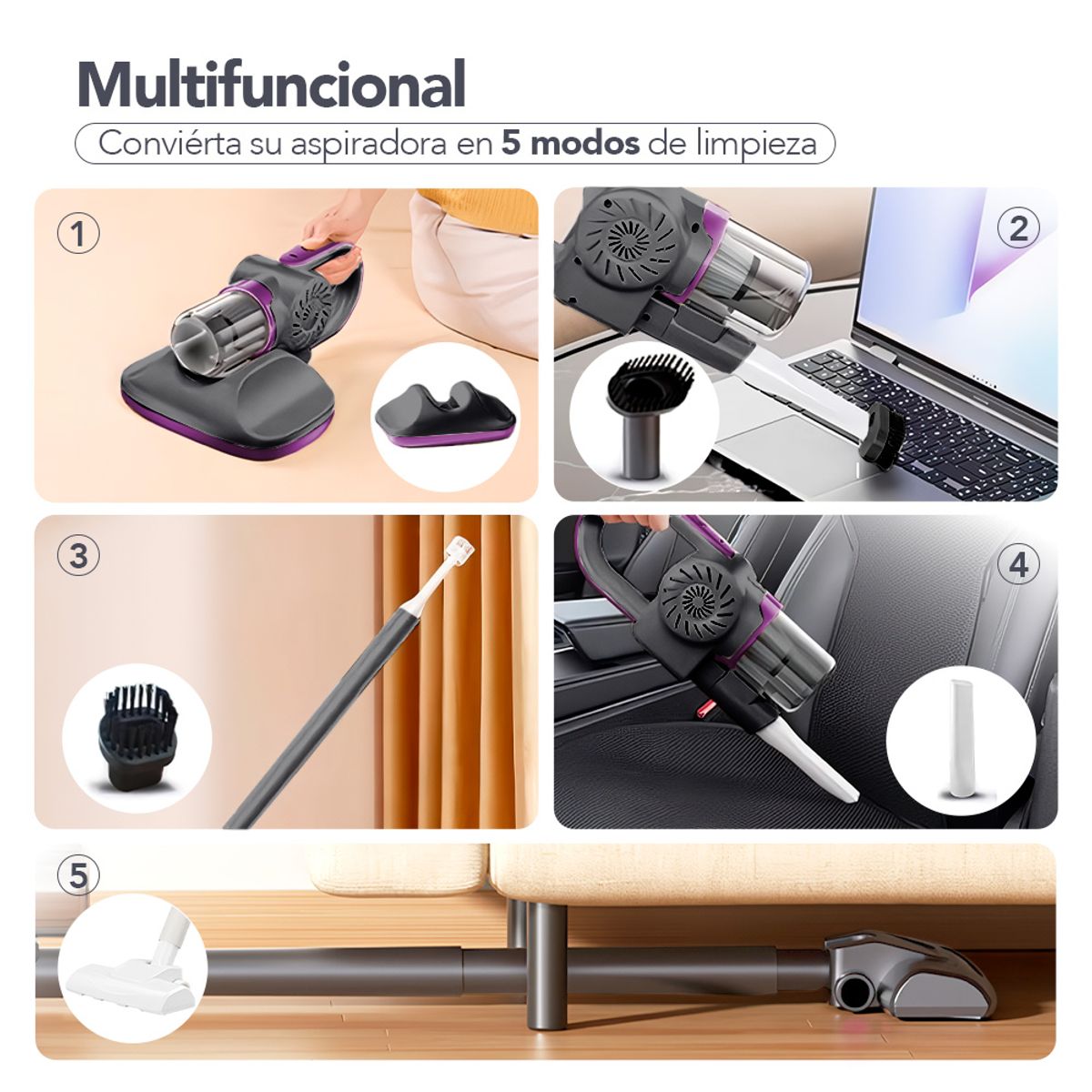 KELLER - Aspiradora de Mano Portátil 5 en 1 Antiácaros Multifuncional NG SK2