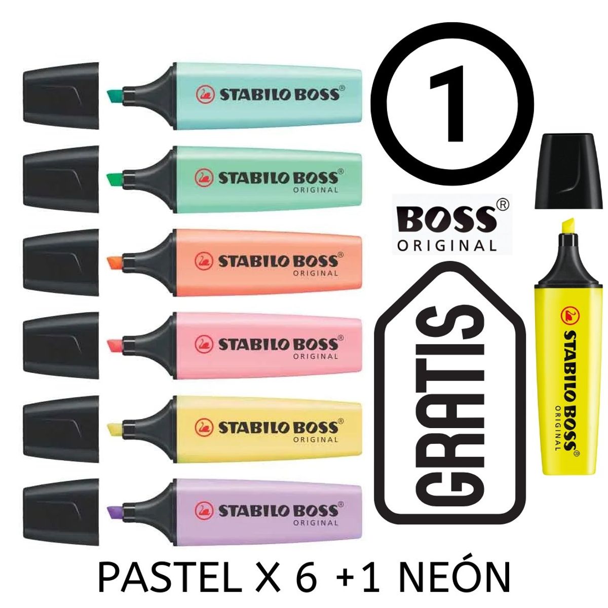 STABILO - Resaltador Boss x 6 Pastel + 1 Neón Gratis