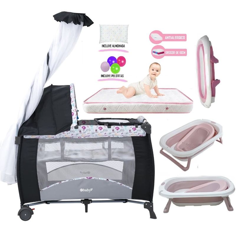 EBABY - Cuna Corral Mecedora SALLY 716 + Colchón de 4" + Tina