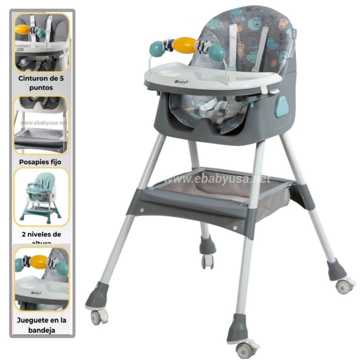 EBABY - Silla de Comer Ebaby Plegable Doble Bandeja LULU Gris