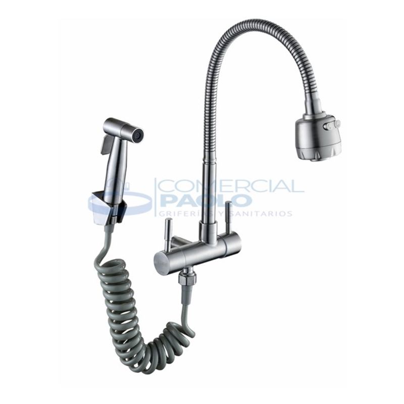 GENERICO - LLAVE DE COCINA FLEXIBLE PARED CON DUCHA BIDET SATINADO