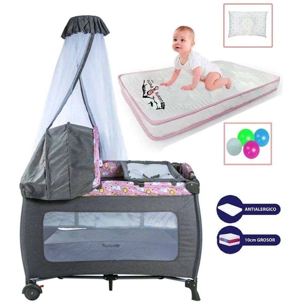 EBABY - Cuna Corral 2 en 1Sally + Colchon y accesorios
