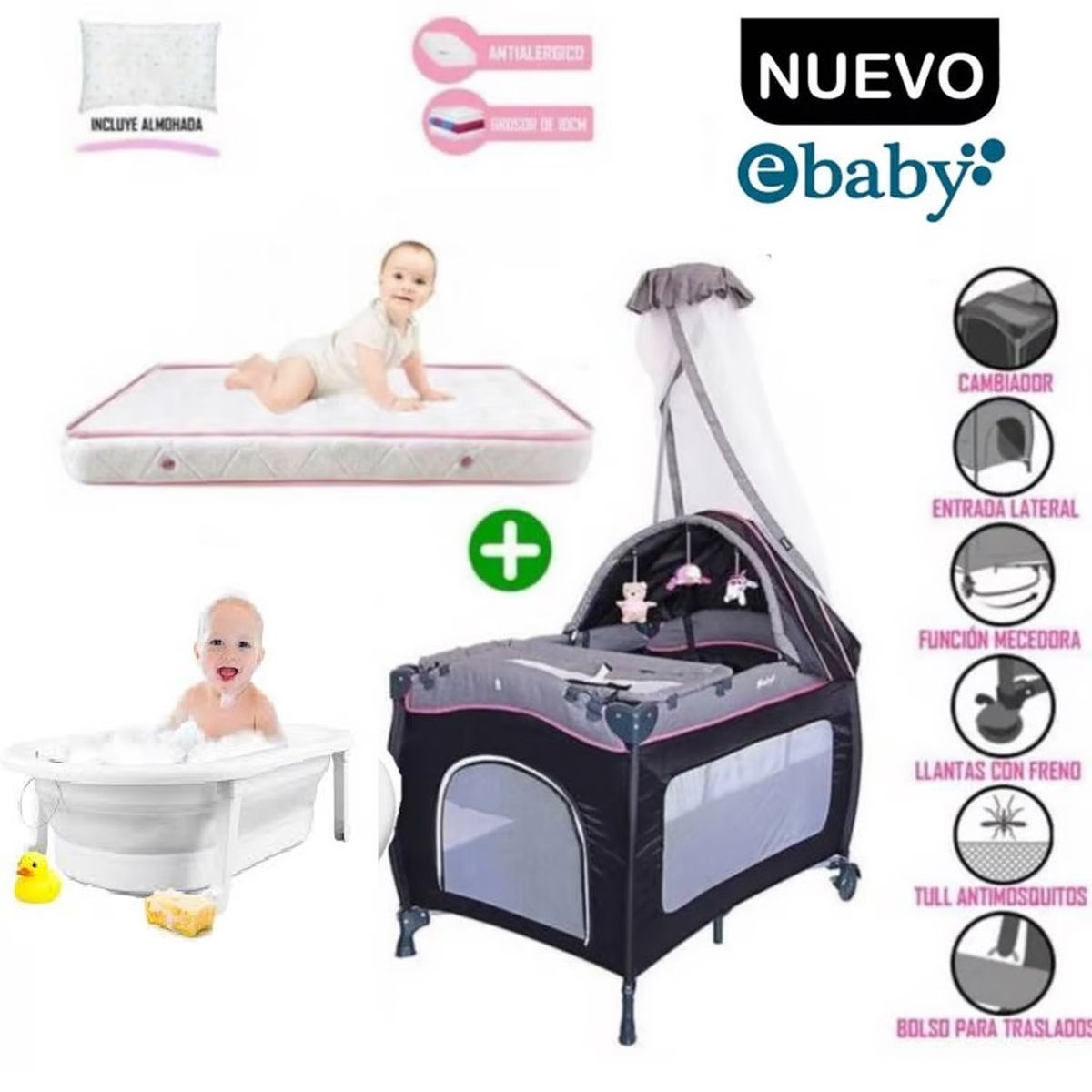 EBABY - Cuna Corral Mecedora SALLY 716 + Colchón de 4" + Tina