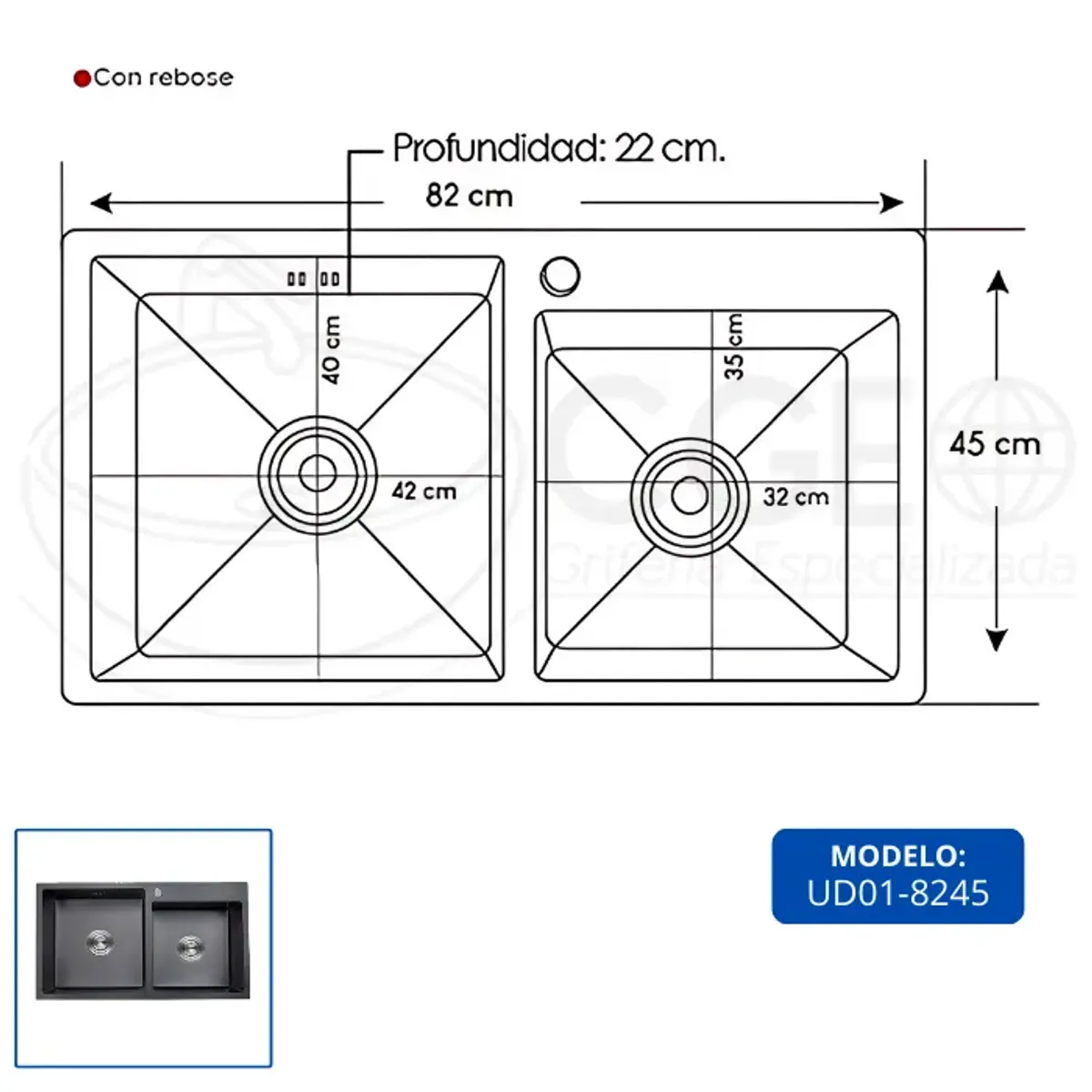 XM - LAVADERO DE COCINA  NANO-NEGRO 2POZAS UD01-8245