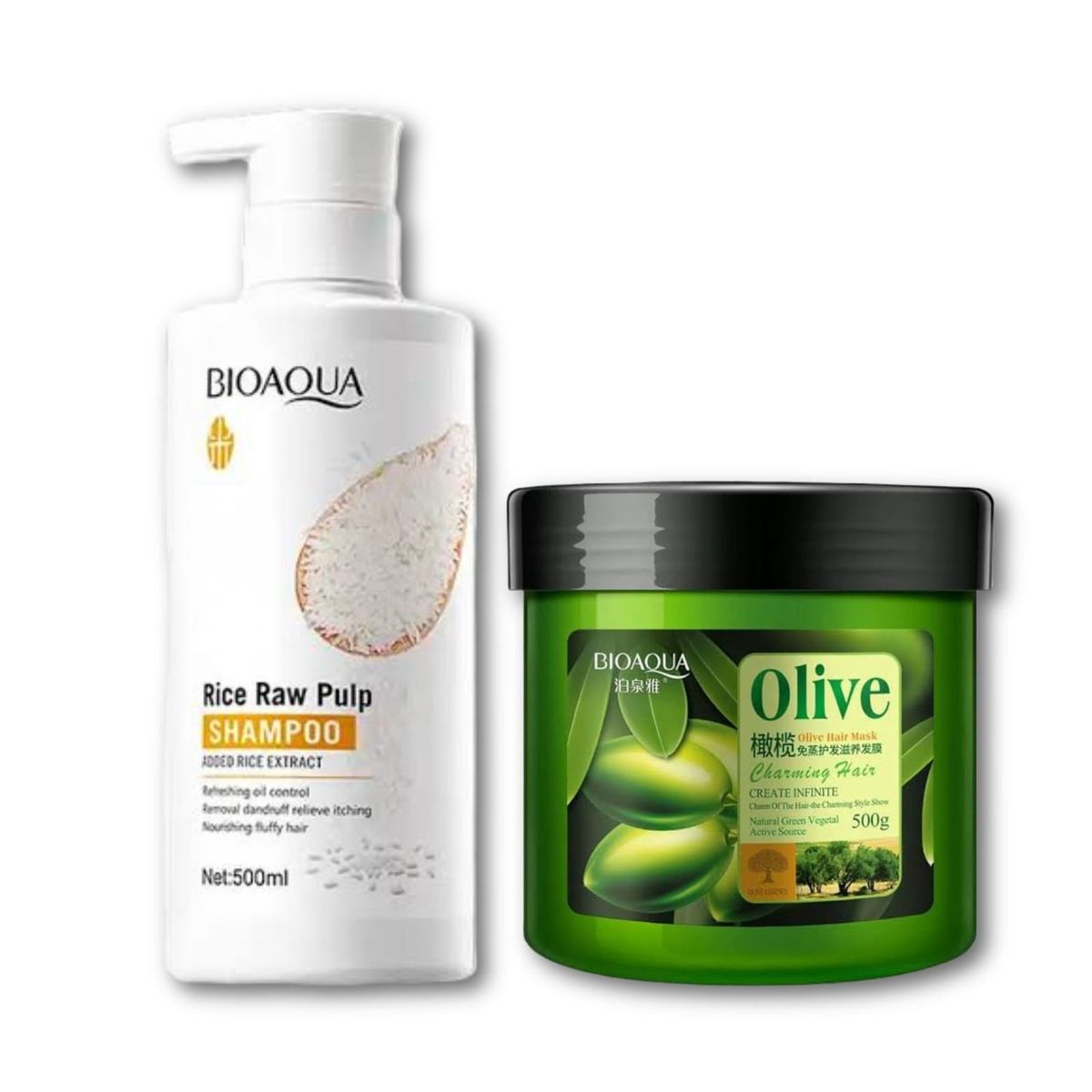 BIOAQUA - PACK SHAMPOO DE ARROZ Y MASCARILLA HIDRATANTE DE CABELLO OLIVO BIOAQUA
