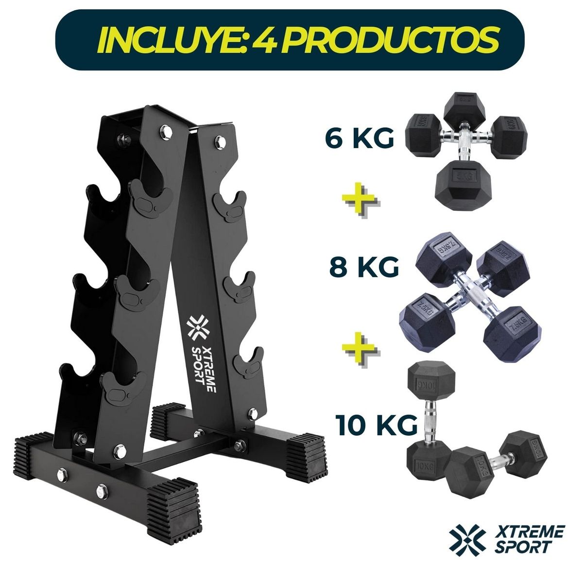 XTREME SPORT - Combo de Mancuernas  Pesas Hexagonales  + Soporte Rack