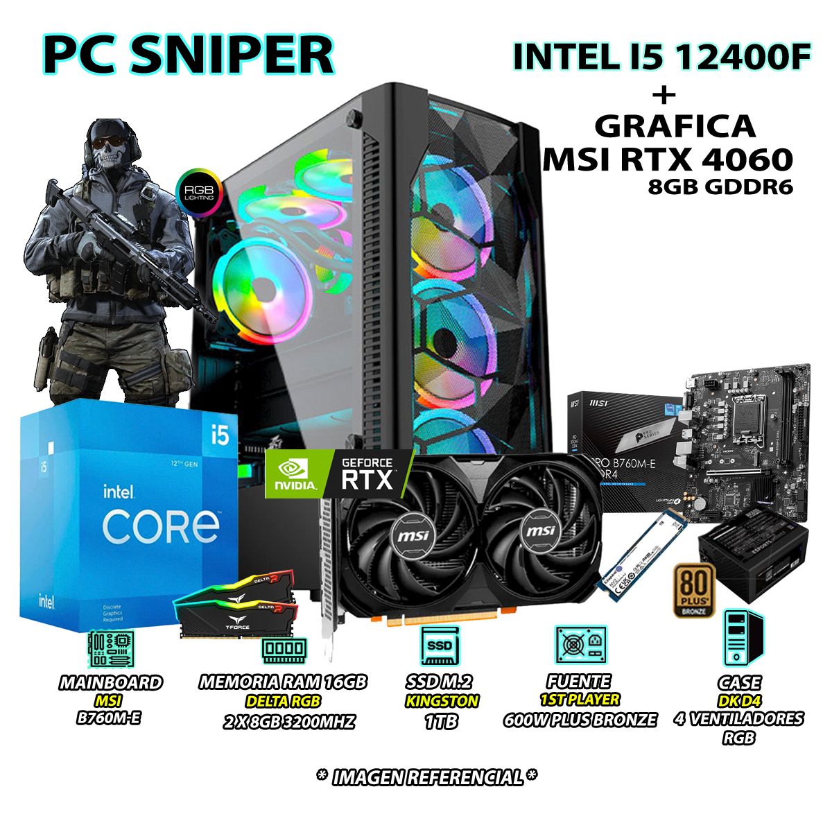 INTEL - Computadora PC Gamer Sniper Intel Core i5 12400F RAM 16GB SSD 1TB RTX 4060 8GB