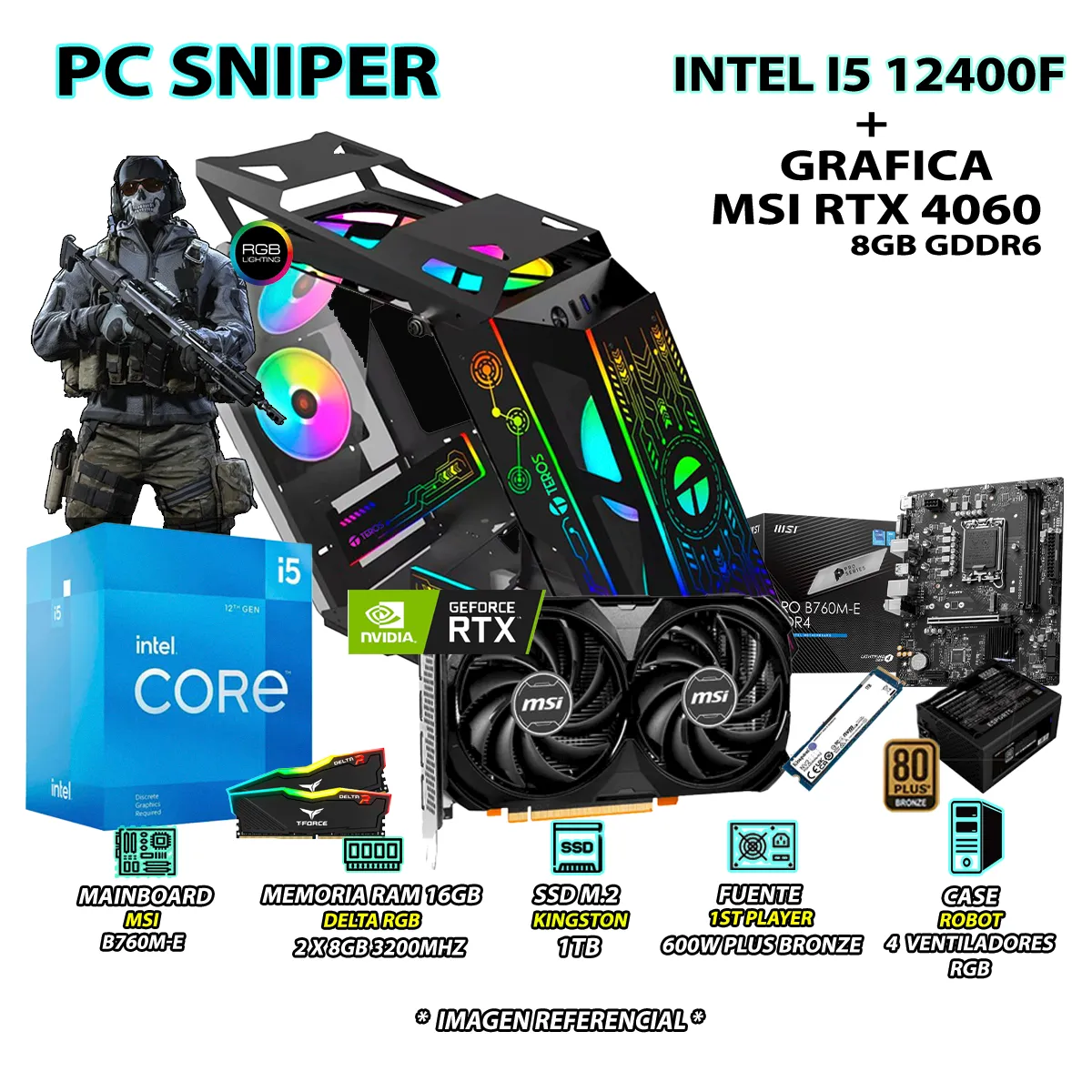 INTEL - Computadora PC Gamer Sniper Intel Core i5 12400F RAM 16GB SSD 1TB RTX 4060 8GB