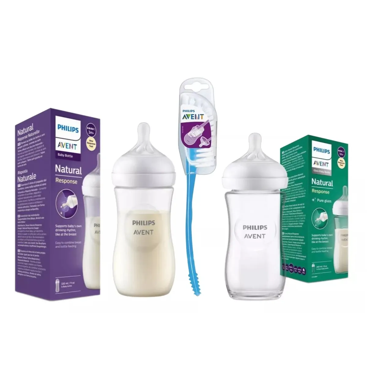 AVENT - Pack Biberones Avent Vidrio 240ml Plastico 330ml Y Escobilla