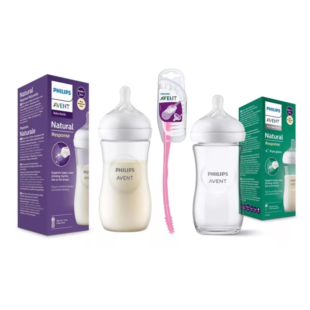 AVENT - Pack Biberone Avent Vidrio 240ml ABS 330ml Y Escobilla Niña