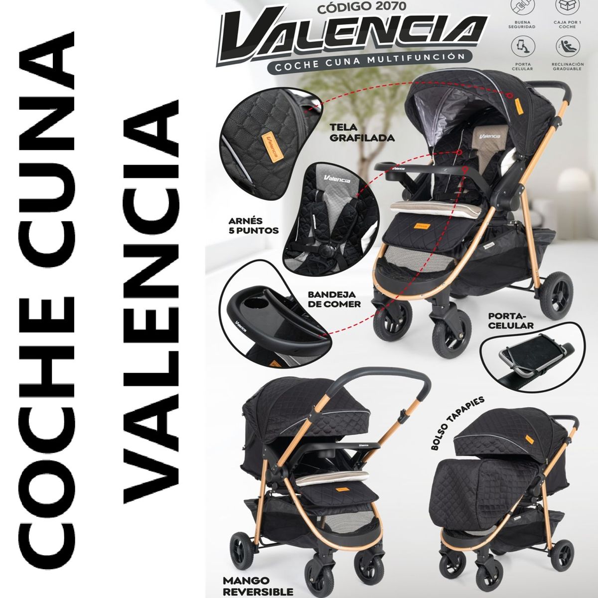 BABY HAPPY - Coche Cuna Valencia con Porta Celular  Baby Happy -Negro