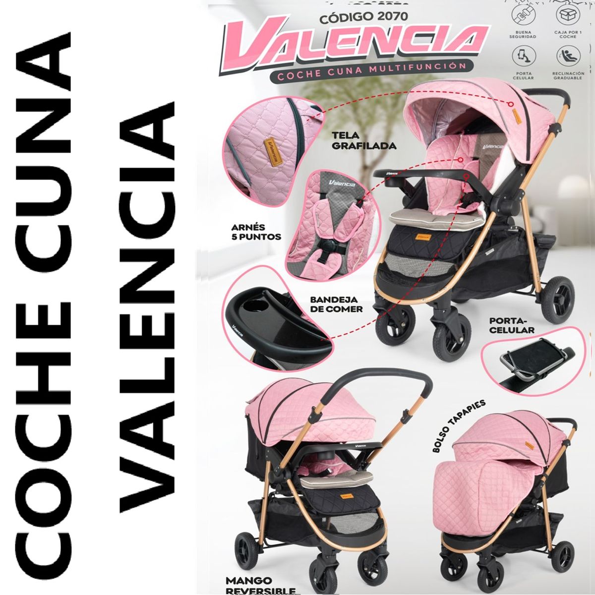 BABY HAPPY - Coche Cuna Valencia con Porta Celular  Baby Happy -Rosado