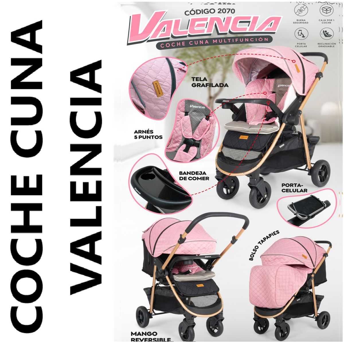 BABY HAPPY - Coche Cuna Valencia con Porta Celular  Baby Happy -Rosado
