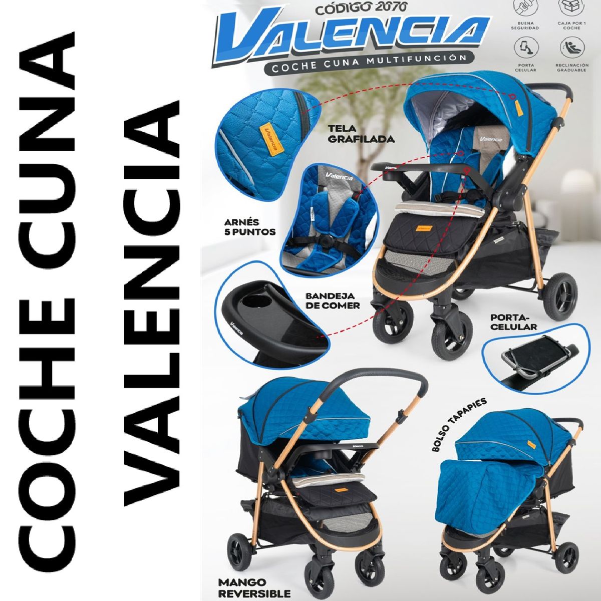 BABY HAPPY - Coche Cuna Valencia con Porta Celular  Baby Happy -Azul