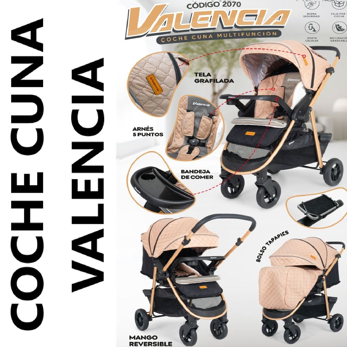 BABY HAPPY - Coche Cuna Valencia con Porta Celular  Baby Happy -Beige
