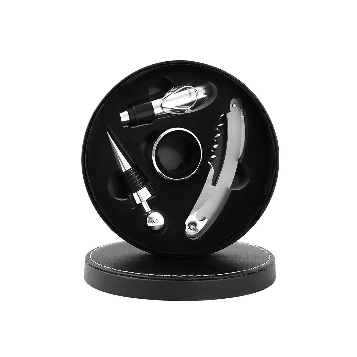 GENERICO - Set de 4 Piezas de Vino (Wine Gift) en Estuche Redondo de Cuero Negro